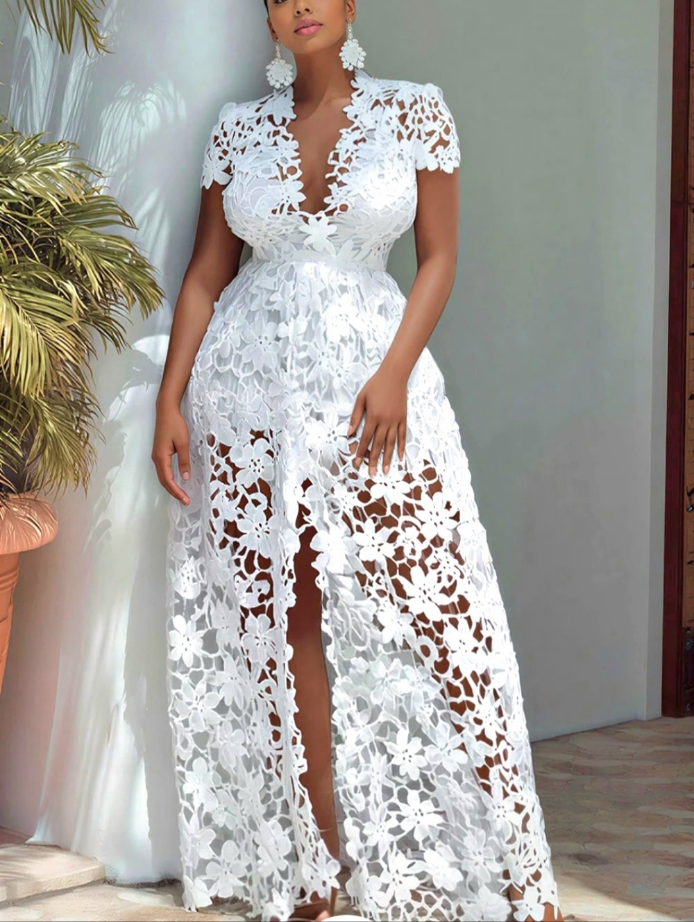 White Floral Lace Maxi Dress with V-Neck, Front Slit, and Lining.